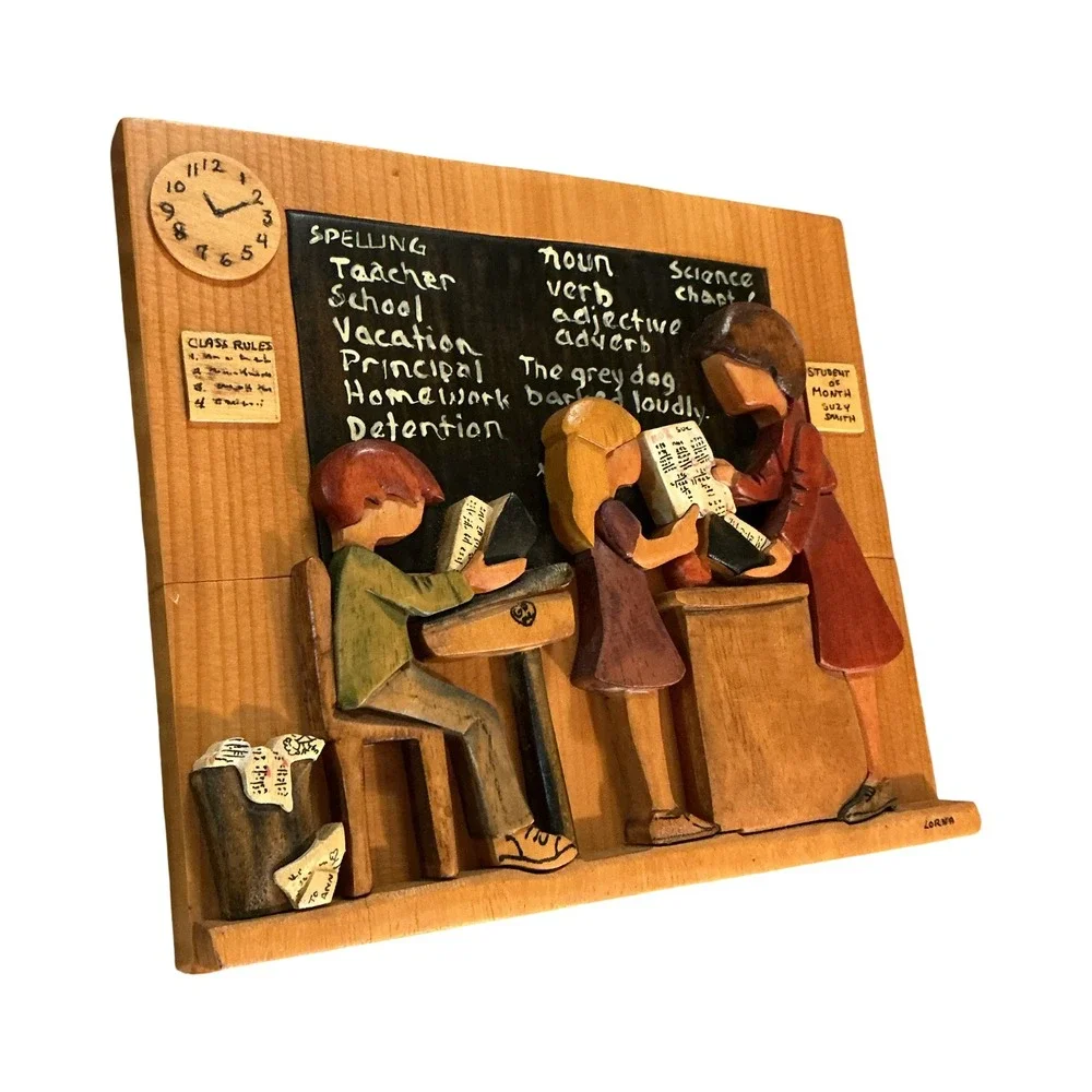 Lorna Handcrafted 3D Wood Relief Wall Art Vintage School Classroom Scene Plaque
